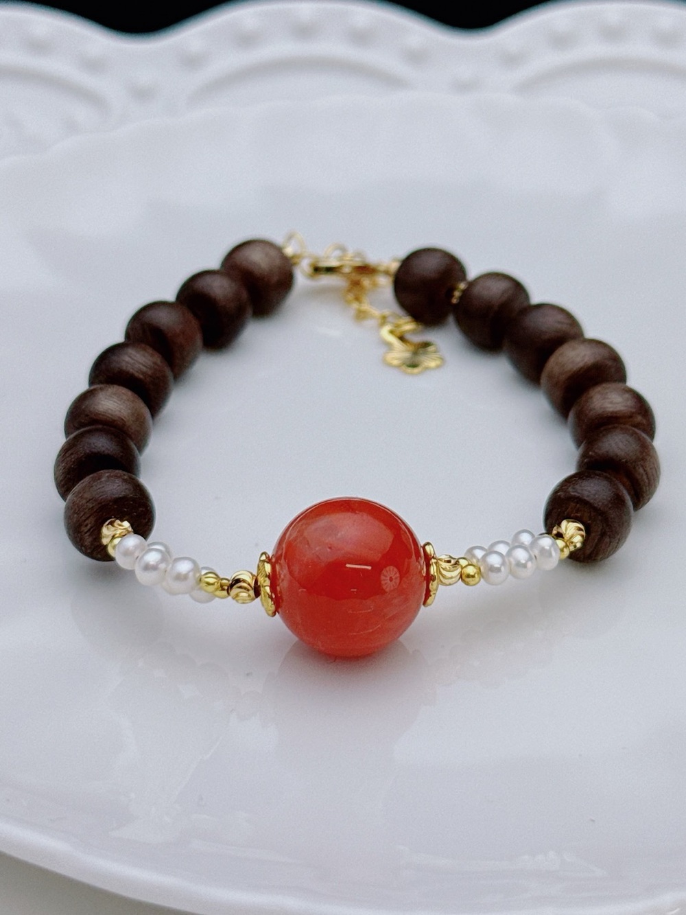 GB105 Handmade Freshwater Baby Pearl Nanhong Agate Sandlewood Bracelet 6+2”